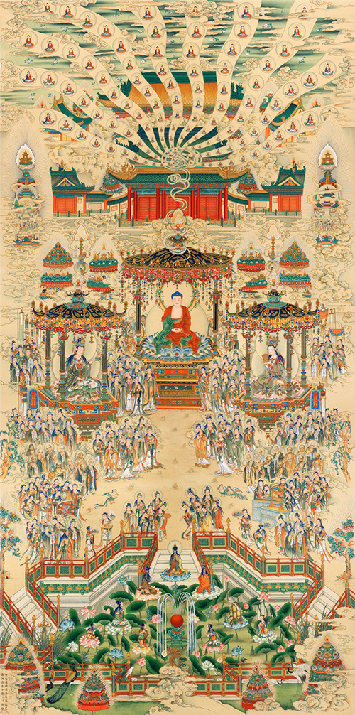 「极乐世界，无有女人。女人、畜生，生彼世界，皆是童男之相，莲华化生。一从莲华中出生，皆与极乐世界人一样，不是先小后渐长大。彼世界人，无有烦恼，无有妄想，无有造业之事。以仗佛慈力，且极容易生。但以念佛为因，生后见佛闻法，必定圆成佛道！」辑录《印光法师文钞》 | 清 ·极乐世界庄严图