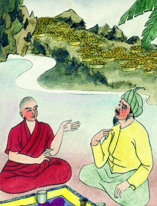 「在拘留沙国的一片五里范围内的地下，挖出了很多装满了钱的铜盆。国王怪之，就向尊者迦旃延请教，尊者答说：“过去有位比丘乞食，把钵放在路上，于是有一个穷人取了三文钱来行布施，并在回家的五里路中，步步都发欢喜心。那位穷人，就是现在的大王您啊！”」辑录《文昌帝君阴骘文》