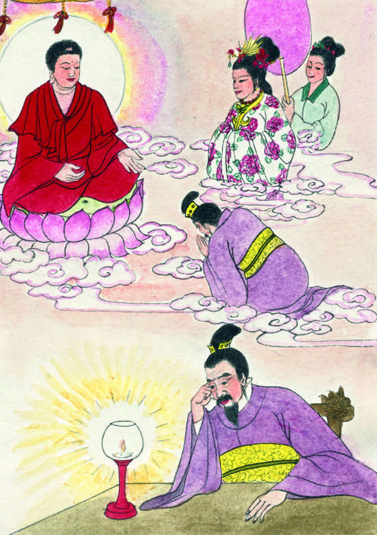 「忉利天宫有一位天人，寿命将尽，当投胎到一只长疥癞的母猪腹中，忧愁恐惧，不知如何才好。他从另外一天人那里得知佛就在忉利天宫中，于是赶紧到佛那里，至诚顶礼，得授三皈依。他依教奉行，精诚地修习了七天，寿命尽后下生为一长者家的孩子。」辑录《文昌帝君阴骘文》