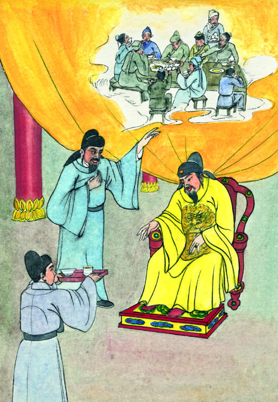 「一天，北宋的太宗皇帝问张泌家里怎么那么多人吃饭，张泌就回答说：都是些乡下的亲戚朋友，贫穷无粮，而我俸粮有余，所以就经常到我家来。后来皇帝派人等在他们吃饭时突然进去，发现原来吃的都是些粗饭菜羹。皇帝嘉奖张泌，称他为“张菜羹”。」辑录《文昌帝君阴骘文》