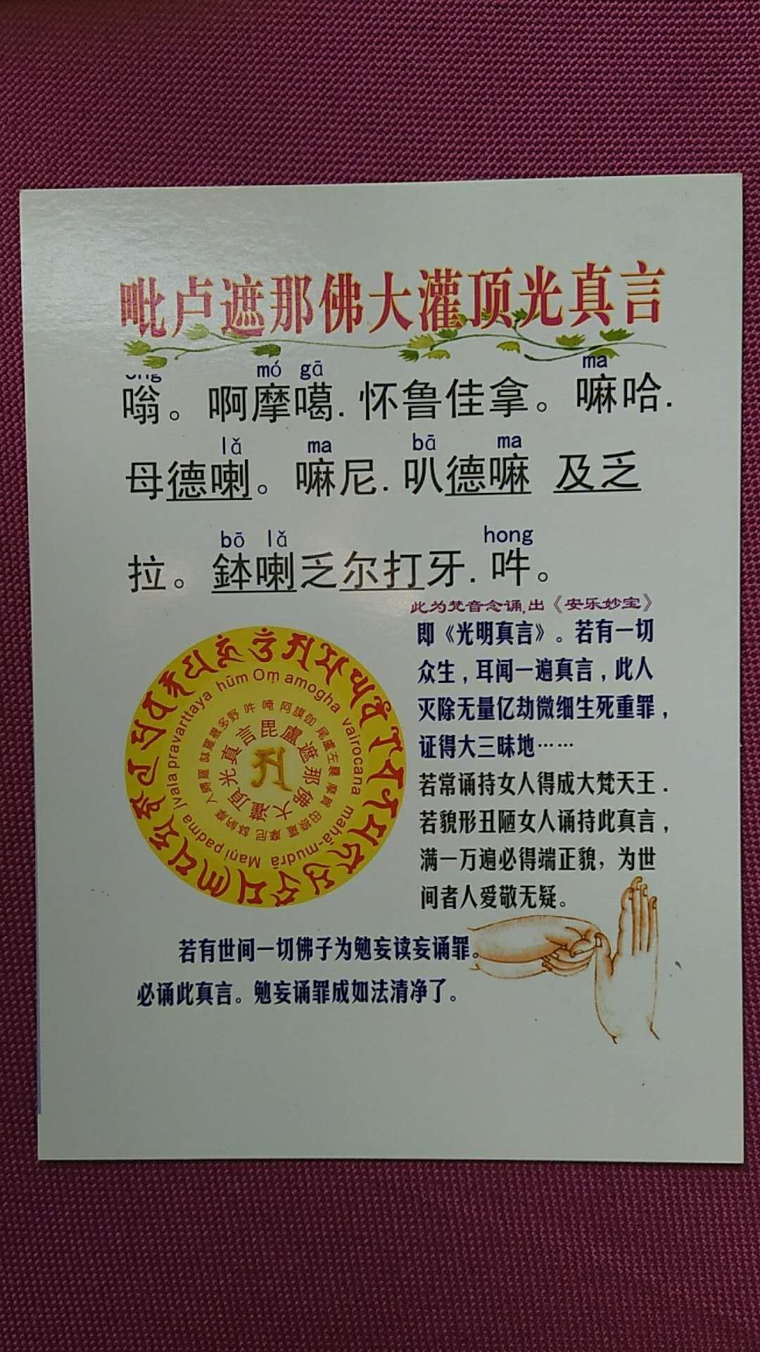 毗卢遮那佛大灌顶光真言：若有世间一切佛子为勉妄读妄诵罪。必诵此真言。勉妄诵罪成如法清净了
